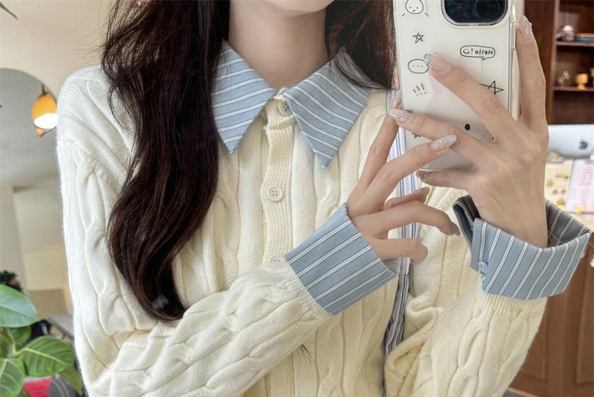 Collared Mock Two-Piece Striped Panel Cable Knit Button-Up Crop Cardigan Product Image