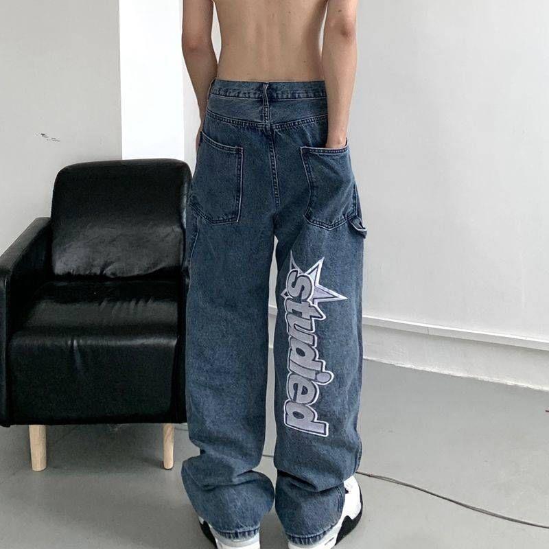 Lettering Embroidered Baggy Jeans Product Image