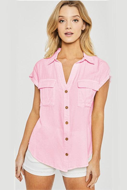 Woven Solid Short Sleeve Button Front Top Product Image