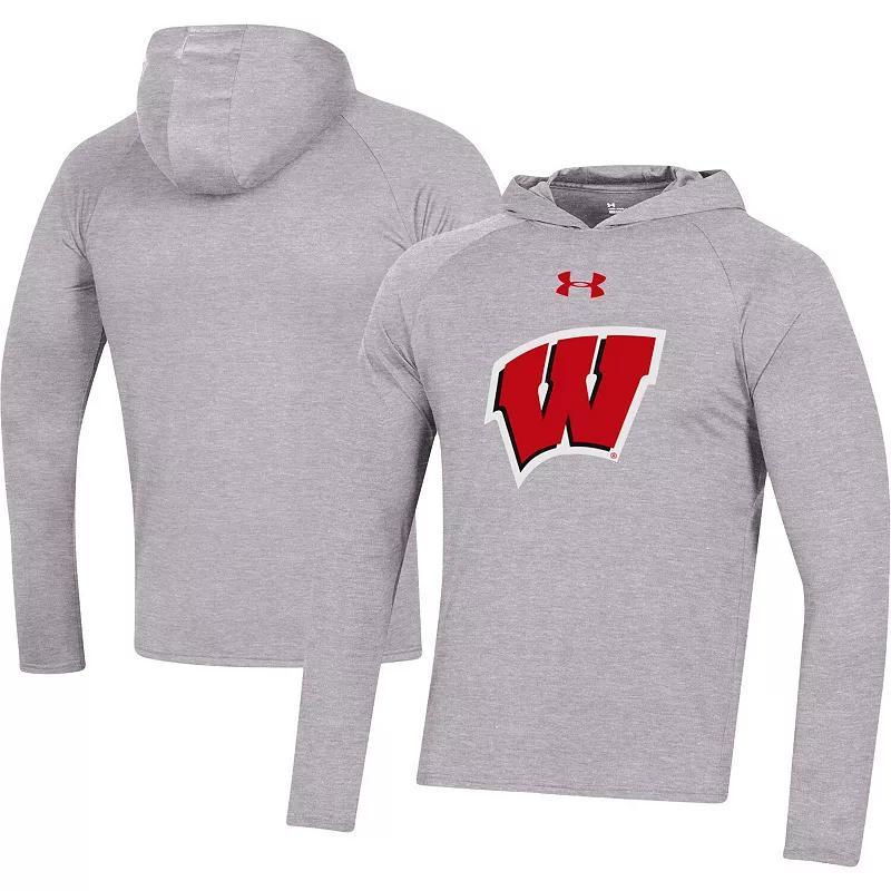 Mens Under Armour Heather Gray Wisconsin Badgers School Logo Raglan Long Sleeve Hoodie Performance T-Shirt Product Image