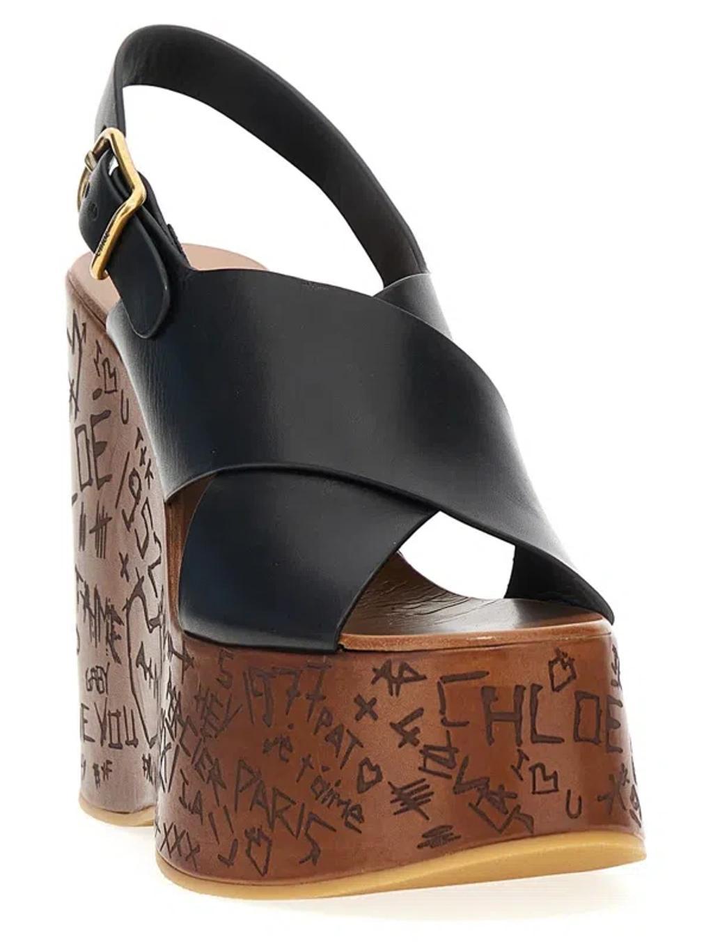 CHLOÉ Maxime Leather Slingback Platform Wedge Sandals In Black Product Image