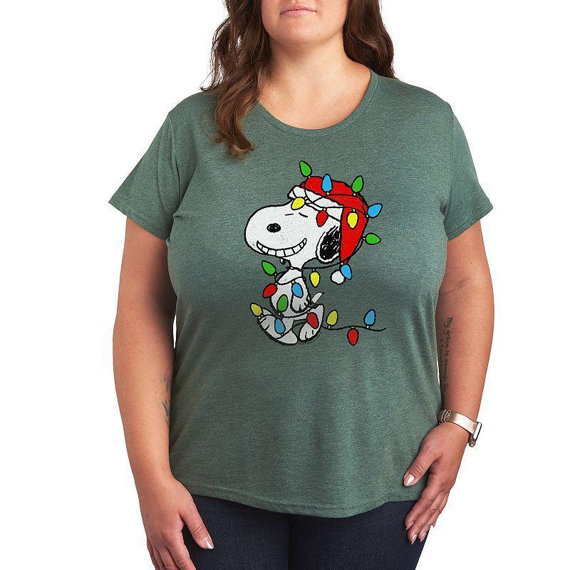 Plus Peanuts Snoopy Christmas Lights Graphic Tee, Womens Grey Green Product Image