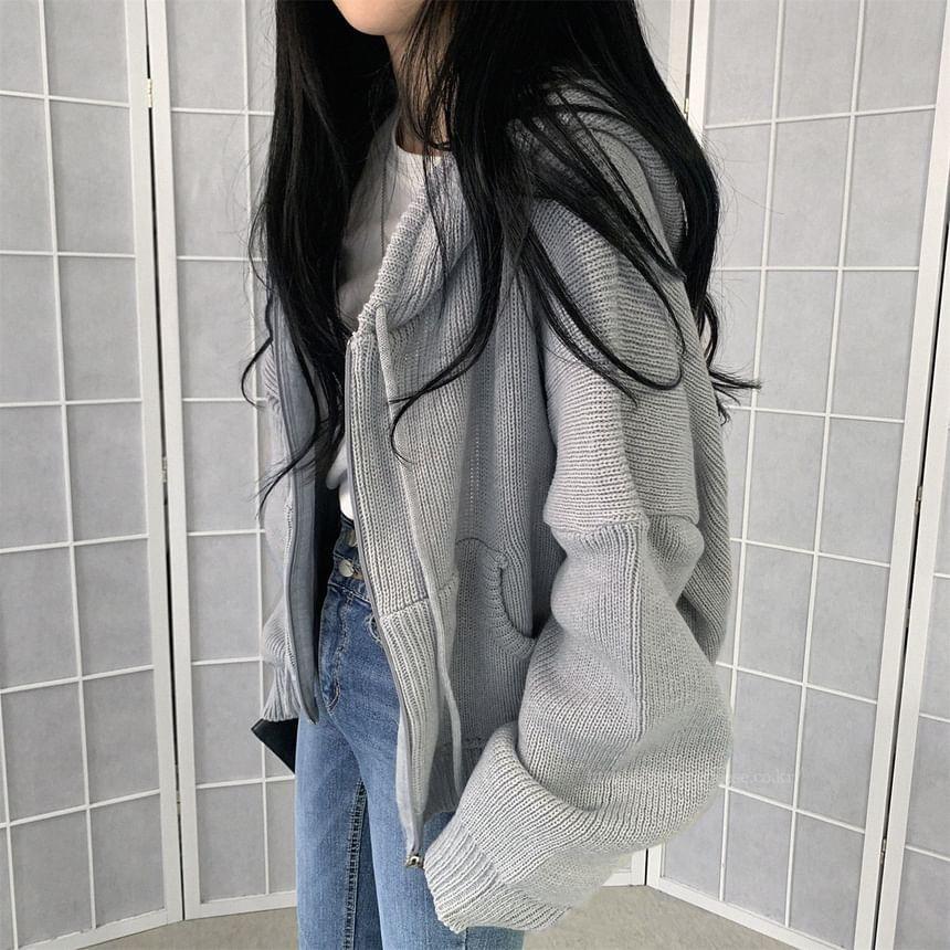 Plain Zip-Up Crop Knit Hoodie Product Image