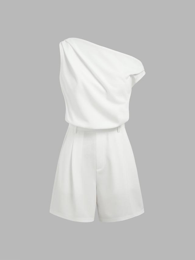 Asymmetrical Neck Solid Pleated Romper Product Image