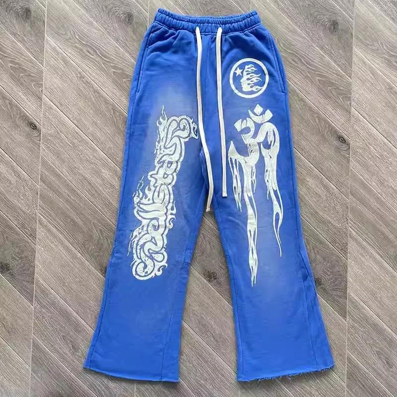 Blue Vintage Pullover Hip-Hop Stylish Washed Casual Flared Trousers Product Image