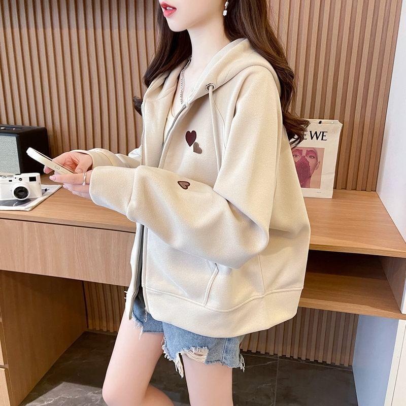 Heart Embroidered Zip-Up Hoodie Product Image