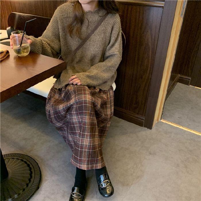 Long Sleeve Plain Distressed Loose-Fit Sweater / High Rise Plaid Midi A-Line Skirt Product Image