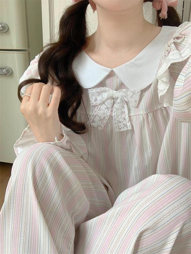 Pajama Set: Puff-Sleeve Striped Lace Trim Ruffle Bow Top + Pants Product Image