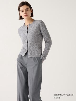 Womens Cable Crew Neck Cardigan Gray Small UNIQLO US Product Image