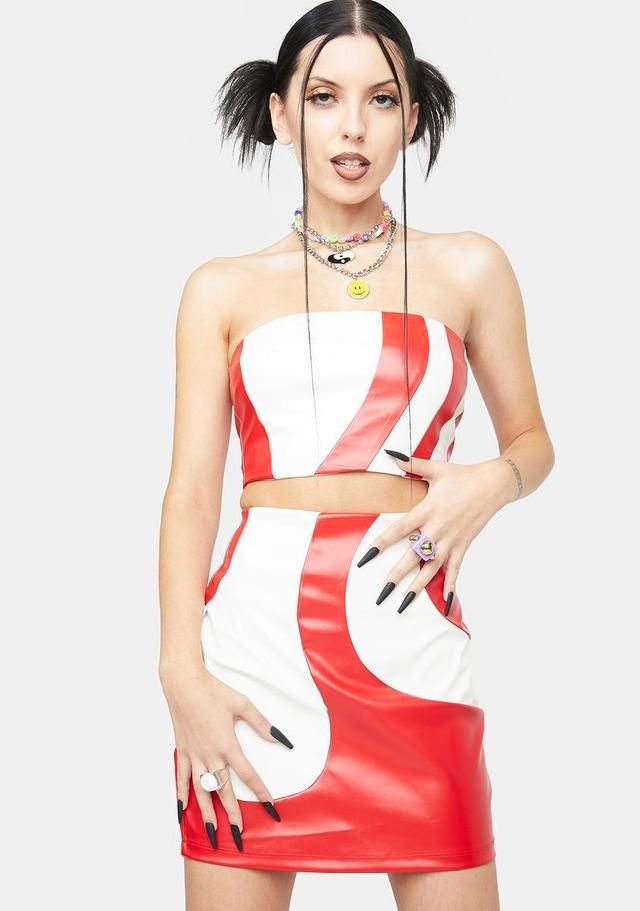 Wavy Vegan Leather Tube Top And Mini Skirt Set - Red/White Product Image