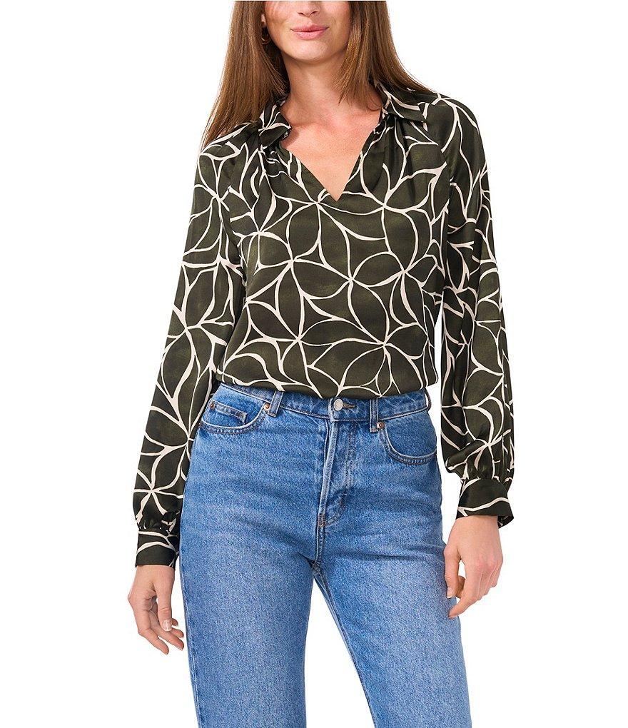 Vince Camuto Leaf Print Woven Point Collar Split V-Neck Long Blouson Sleeve Shirttail Blouse Product Image