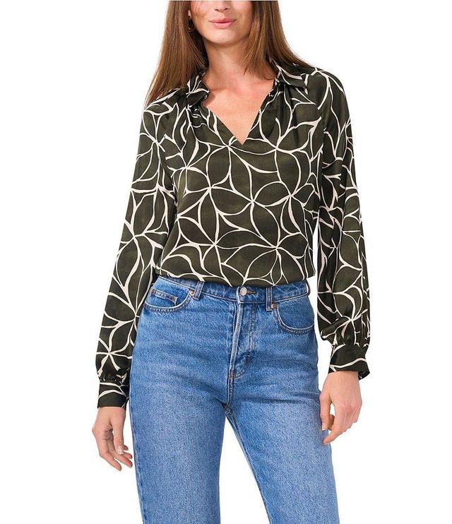 Vince Camuto Leaf Print Woven Point Collar Split V-Neck Long Blouson Sleeve Shirttail Blouse Product Image