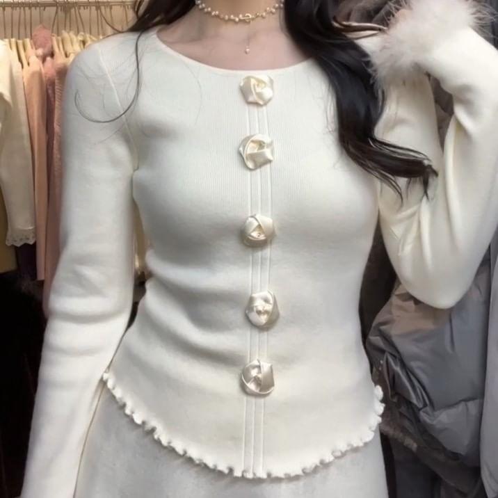 Long Sleeve Fluffy Cuff Round Neck Plain Floral Detail Knit Top Product Image