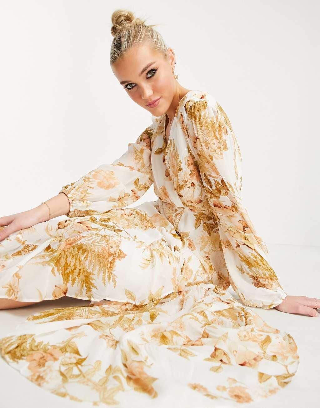 Ever New ruffle wrap midi dress in ivory and gold floral Product Image