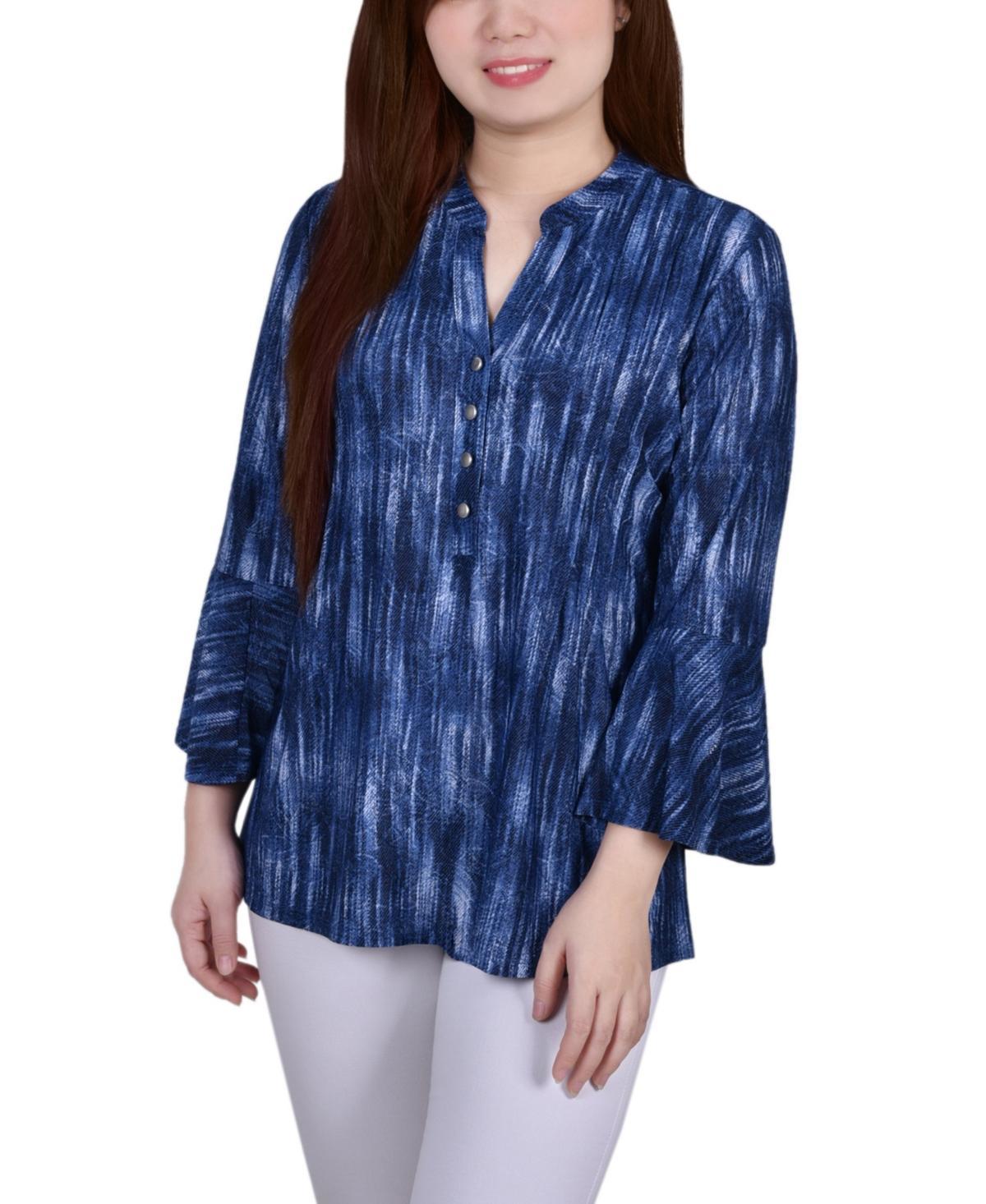 Ny Collection Petite 3/4 Bell Sleeve Printed Pleat Front Y-neck Top Product Image