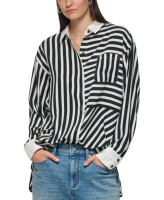 Karl Lagerfeld Paris Women's Stripe Pocket Button Down Shirt - Black - Size L  - female - Size: L Product Image