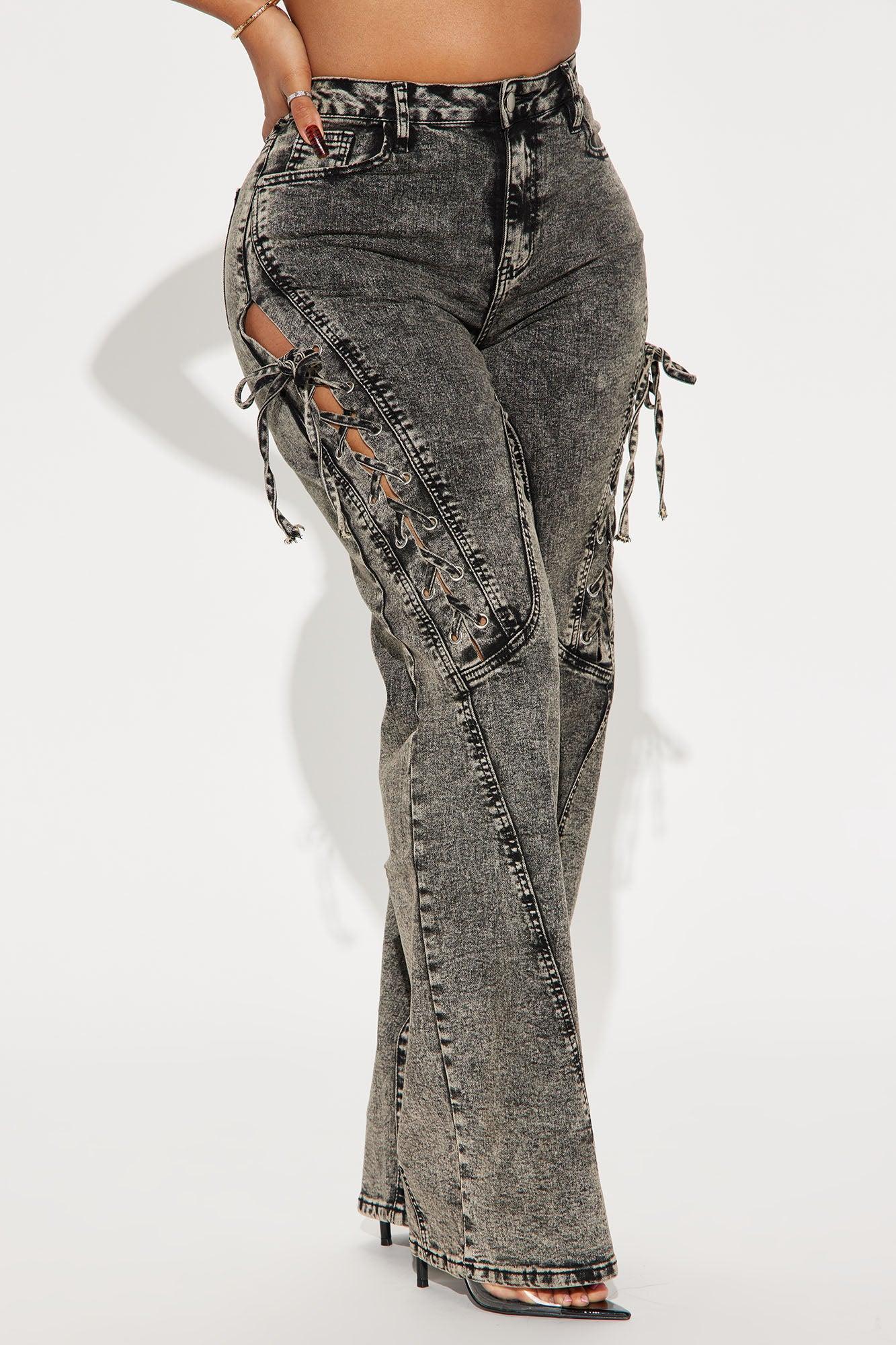 Topic Of Conversation Stretch Lace Up Baggy Jeans - Acid Wash Product Image