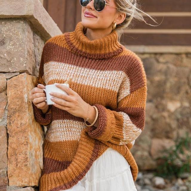 What I Need Brown Multi Oversized Stripe Turtleneck Sweater Product Image