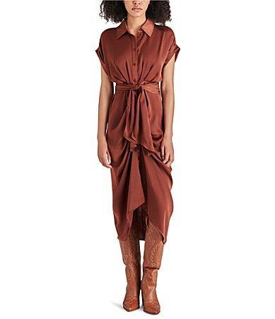 Steve Madden Tori Satin Point Collar Short Kimono Cuff Sleeve Belted Ruched Front Asymmetrical Hem Midi Shirt Dress Product Image