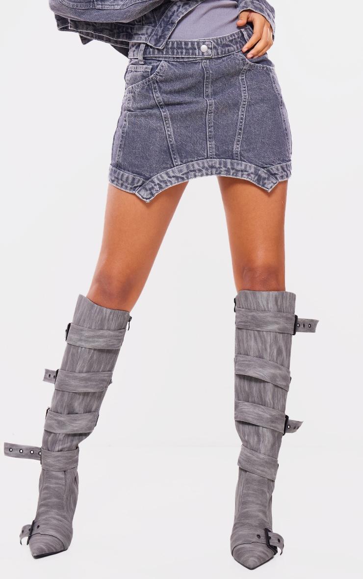 Grey Washed Curved Hem Denim Mini Skirt Product Image