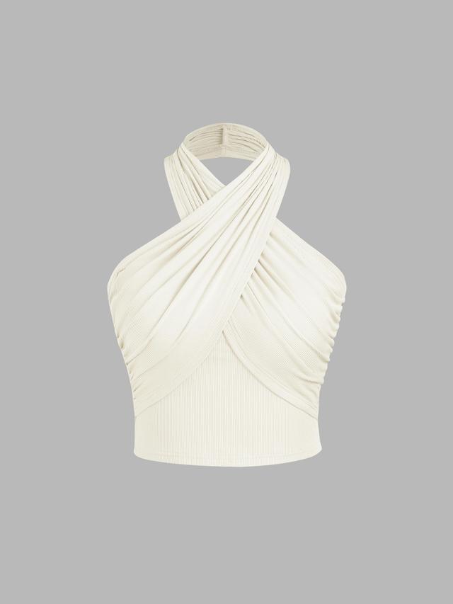 Solid Criss Cross Halter Ruched Crop Top Product Image