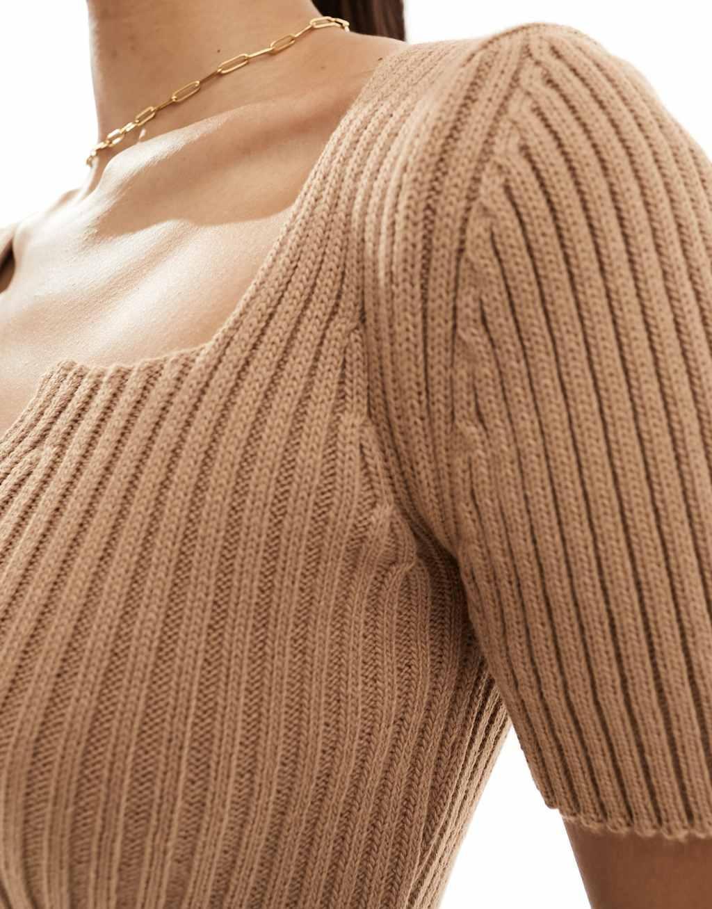 Fashionkilla knit v neck top in brown Product Image