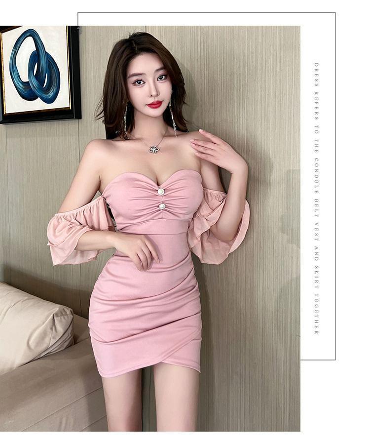 Sleeveless Off-Shoulder Plain Asymmetrical Mini Bodycon Dress Product Image