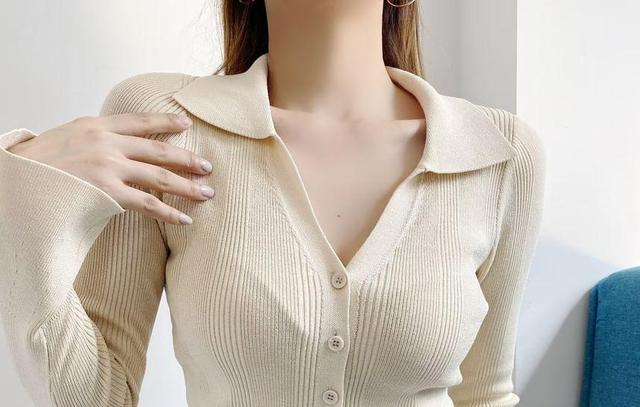 Flared-Sleeve Collar Plain Ribbed Cardigan Product Image