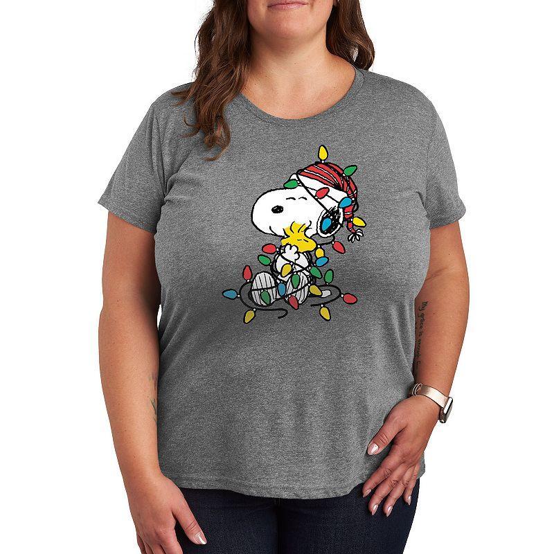 Plus Peanuts Christmas Lights Graphic Tee, Womens Grey Royal Blue Product Image