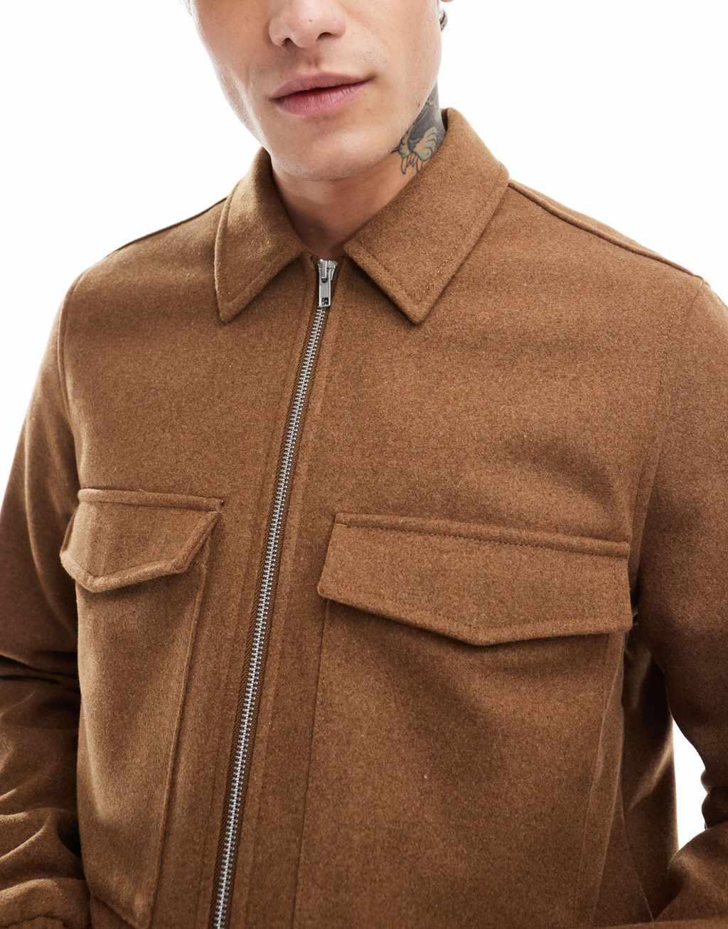 ASOS DESIGN wool look harrington jacket in tan Product Image