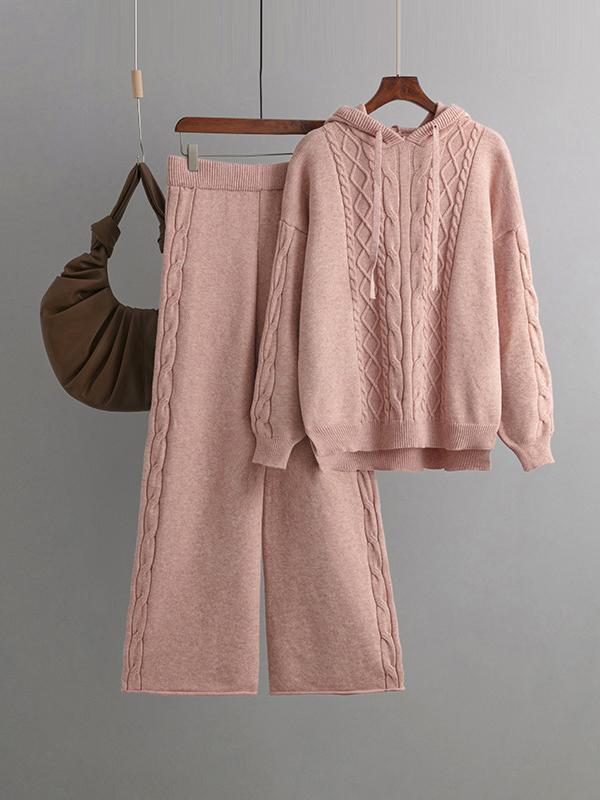 Urban Loose Solid Color Hooded High-Low Sweater Tops & Wide Leg Pants Two Pieces Set Product Image