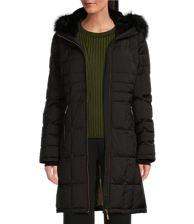 Donna Karan Quilted Puffer Faux Fur Hooded Zip Front Walker Coat Product Image