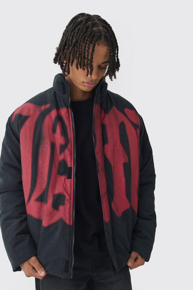 Oversized Spray M Print Funnel Neck Puffer Jacket In Black | boohooMAN USA Product Image