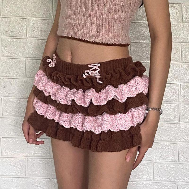 Low Rise Color-Block Ruffled Crochet-Knit Mini Skirt Product Image