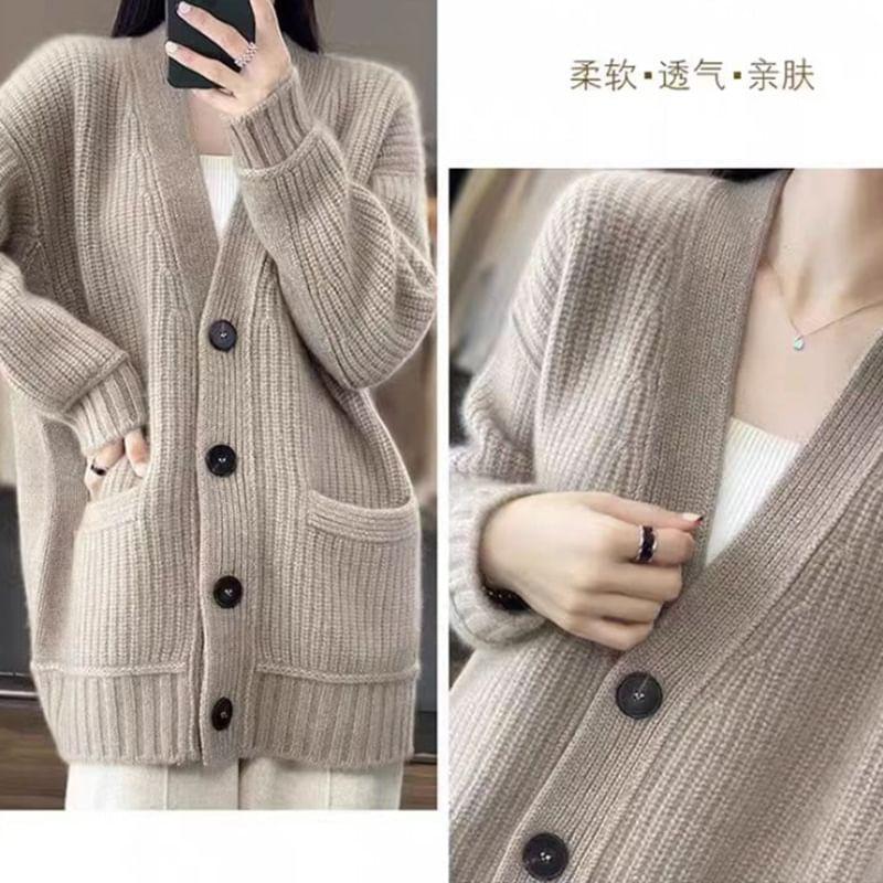 V-Neck Plain Button-Up Cardigan Product Image