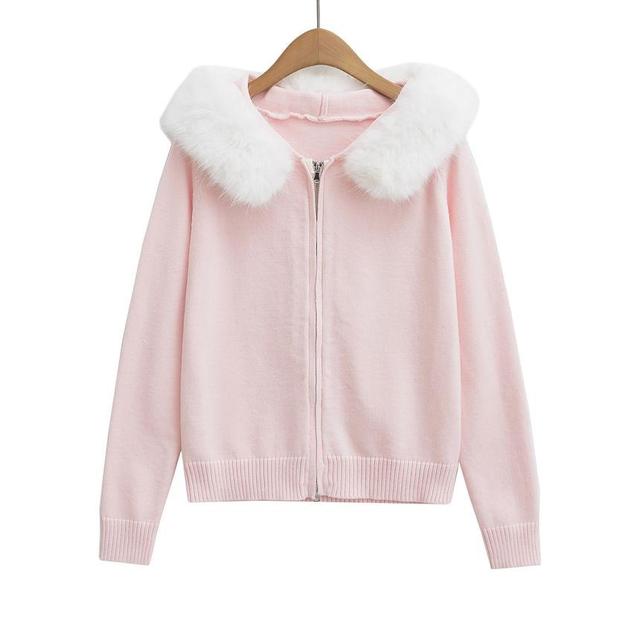 Hood Fluffy Trim Zip Cardigan Product Image