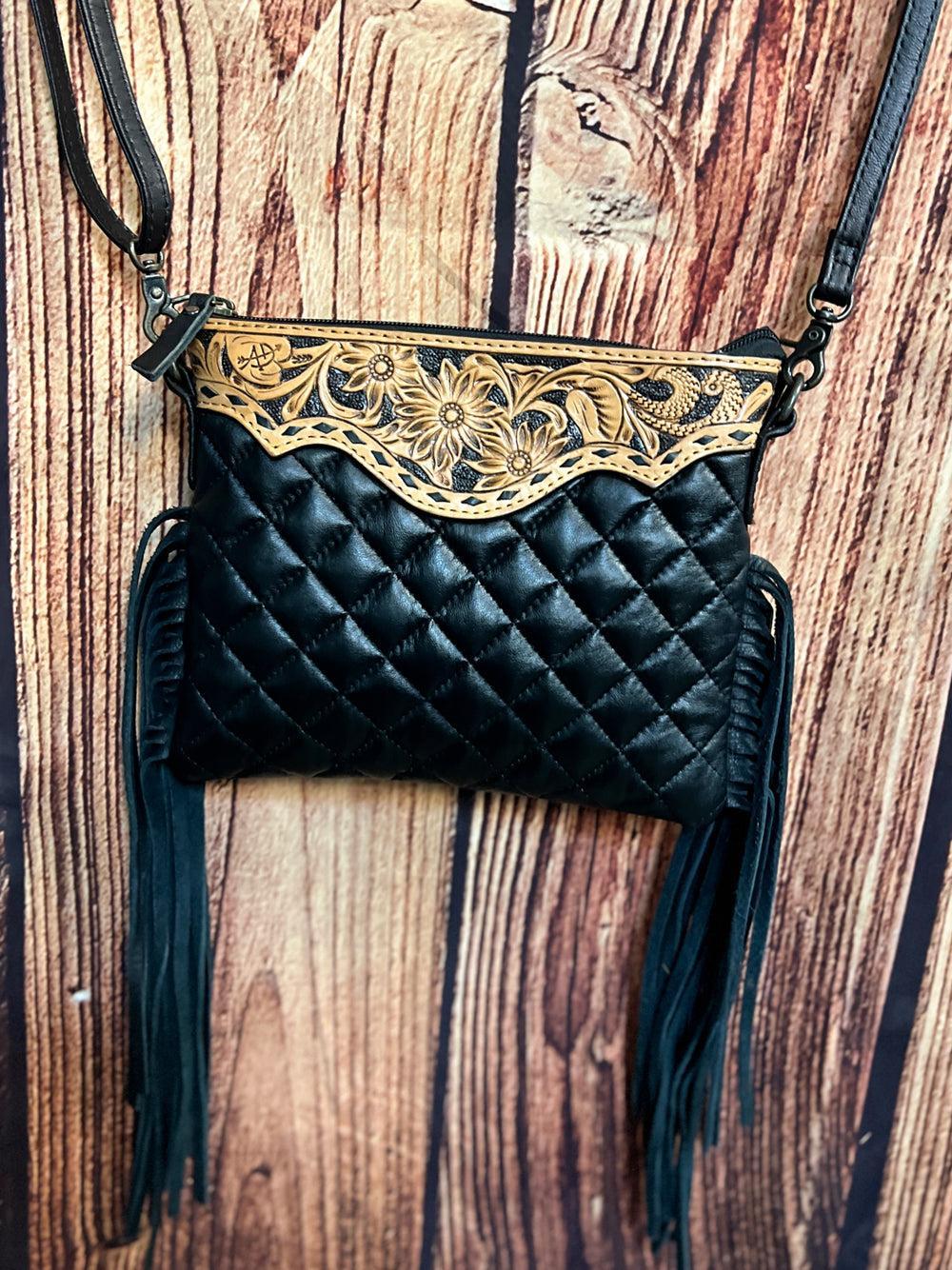 Darling Quilted Black Leather Crossbody Bag With Fringe Product Image