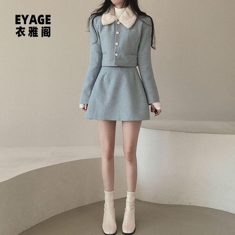 Set: Fluffy Collar Button-Up Jacket + High Waist Mini A-Line Skirt Product Image