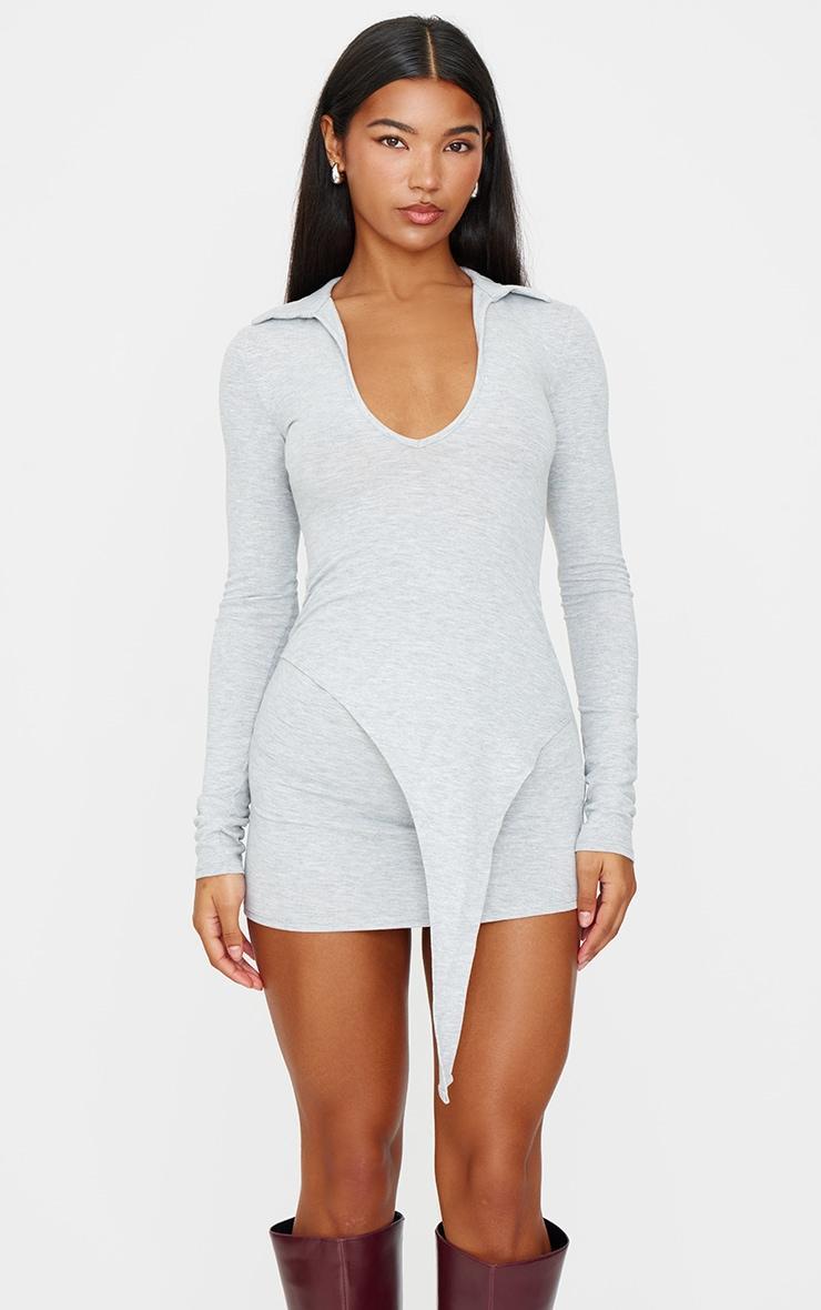 Grey Marl Cotton Jersey Collared Bodycon Dress Product Image