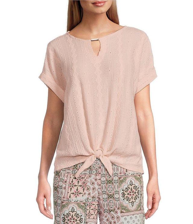 Allison Daley Cap Sleeve Keyhole Neck Tie Front Hem Eyelet Knit Top Product Image