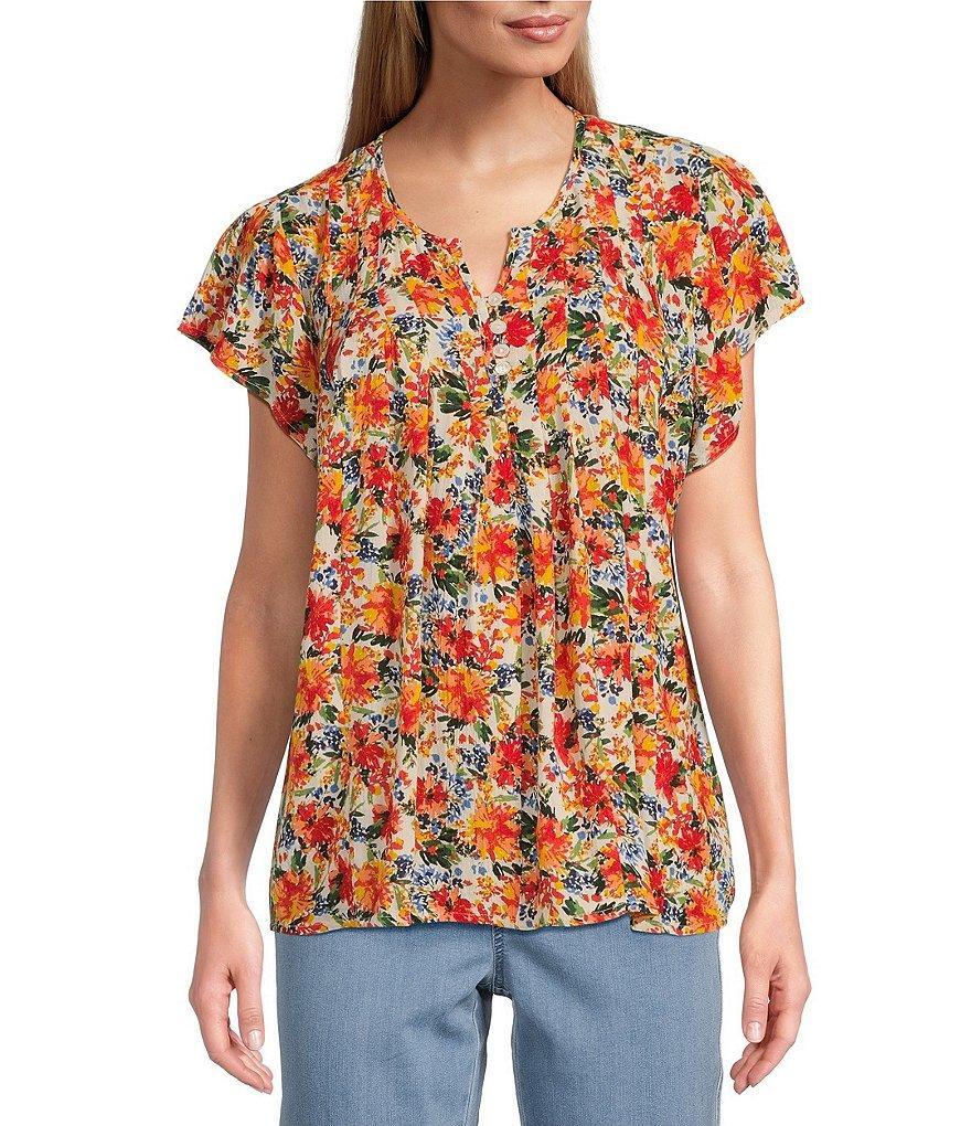 Intro Coral Floral Print Crinkled Gauze Split Round Neck Short Sleeve Top product image