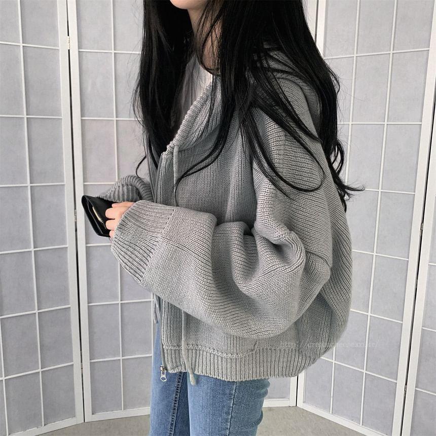 Plain Zip-Up Crop Knit Hoodie Product Image