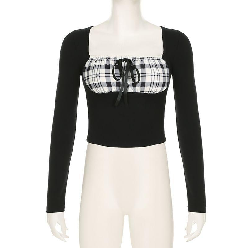 Long-Sleeve Square Neck Plaid Panel Bow Cropped Tee Product Image