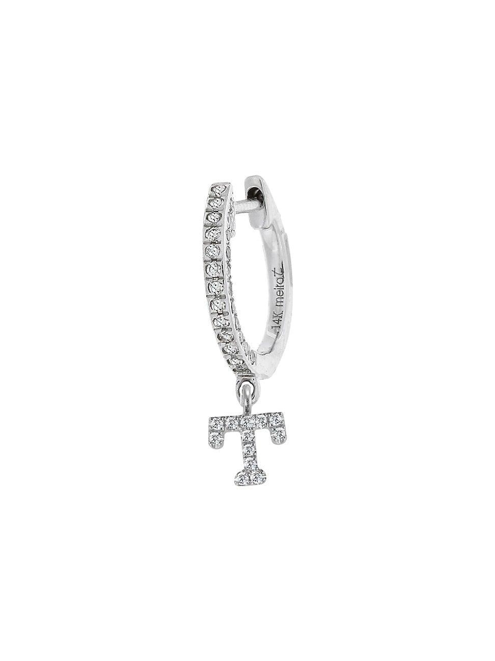 Womens 14K White Gold Diamond Intial Single Huggie Hoop Earring Product Image