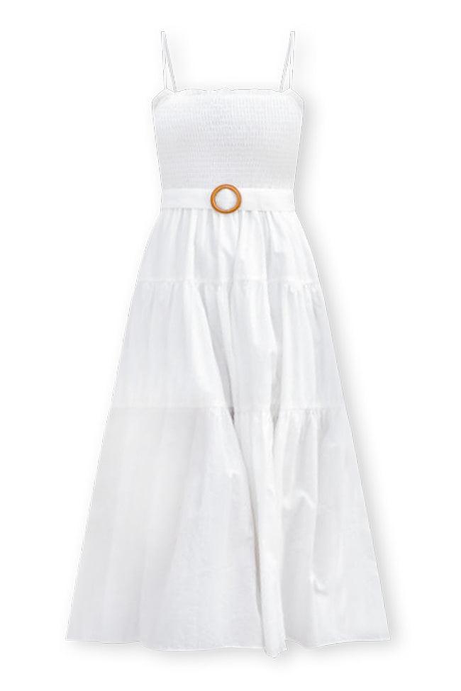 Hard To Please Smocked White Belted Midi Dress FINAL SALE Product Image