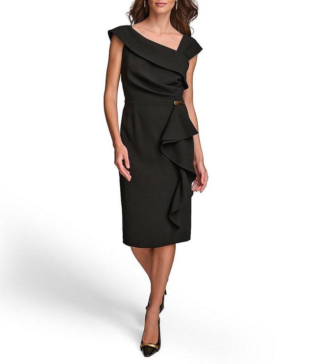 Donna Karan Cap Sleeve Asymmetrical Neck Front Ruffle Crepe Dress Product Image