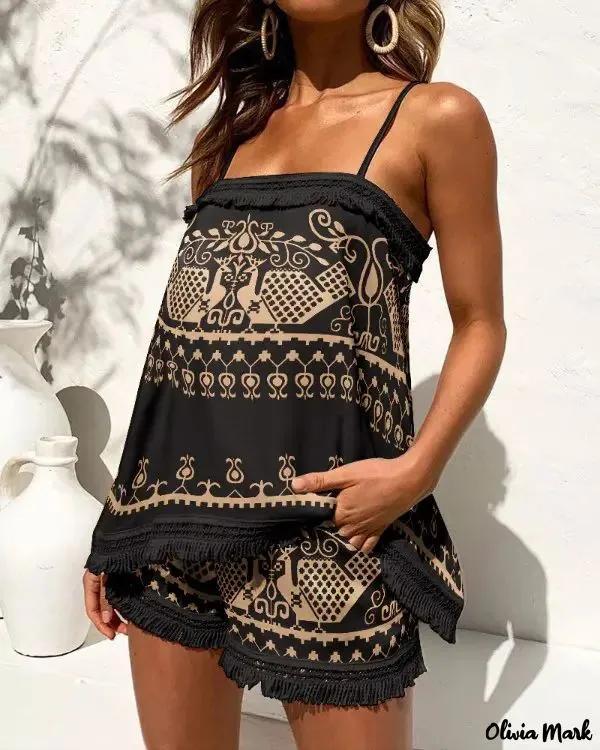 Olivia Mark – Retro Tribal Print Tassel Tank Top And Shorts Set product image