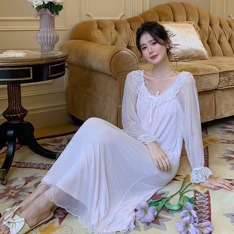 Puff-Sleeve Plain Lace Trim Pajama Dress Product Image