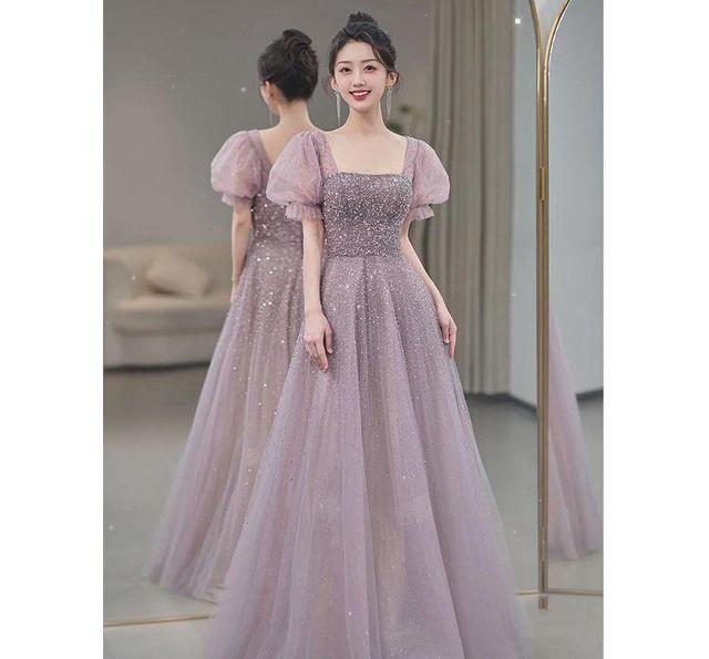 Puff-Sleeve Square Neck Sequin A-Line Evening Gown Product Image