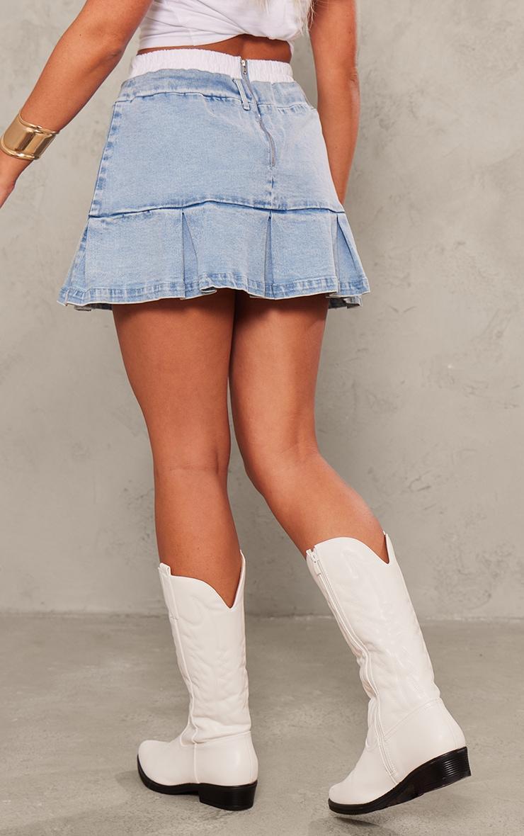 Blue Boxer Waistband Pleated Denim Mini Skirt Product Image